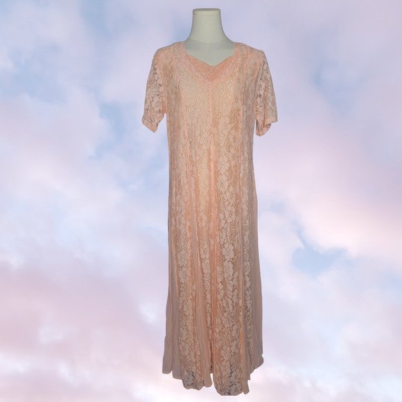 Olivia Dresses & Skirts - 90s Vtg Olivia Long Maxi Peach Pink Lace Layered Whimsy Fairy Cottage Dress Sz M